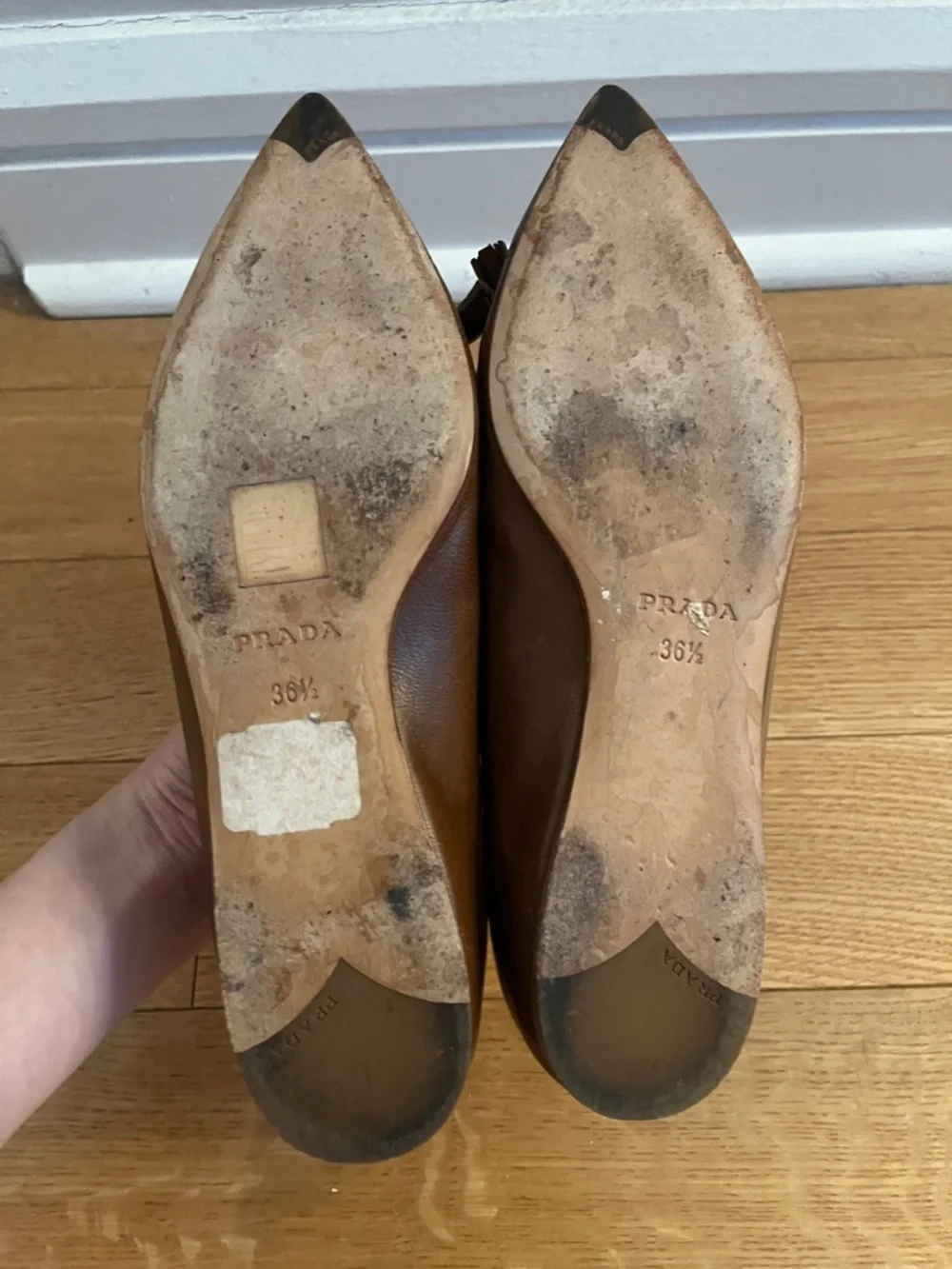 Prada Brown Pointed Toe Leather Ballet Flats with Bow - Picture 4 of 10